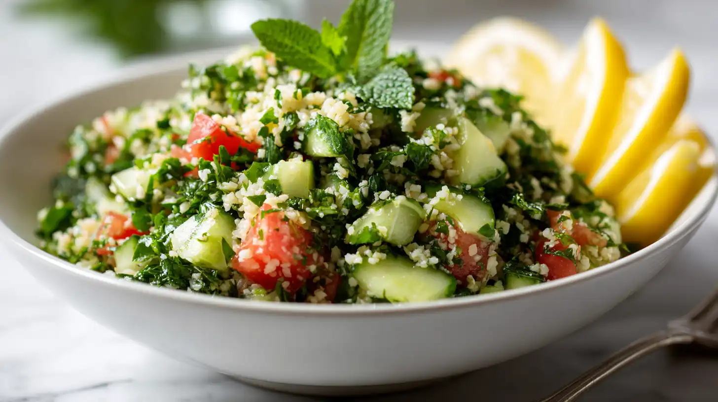 Fresh tabbouleh salad with bulgur wheat, parsley, tomatoes, and cucumber in white bowl