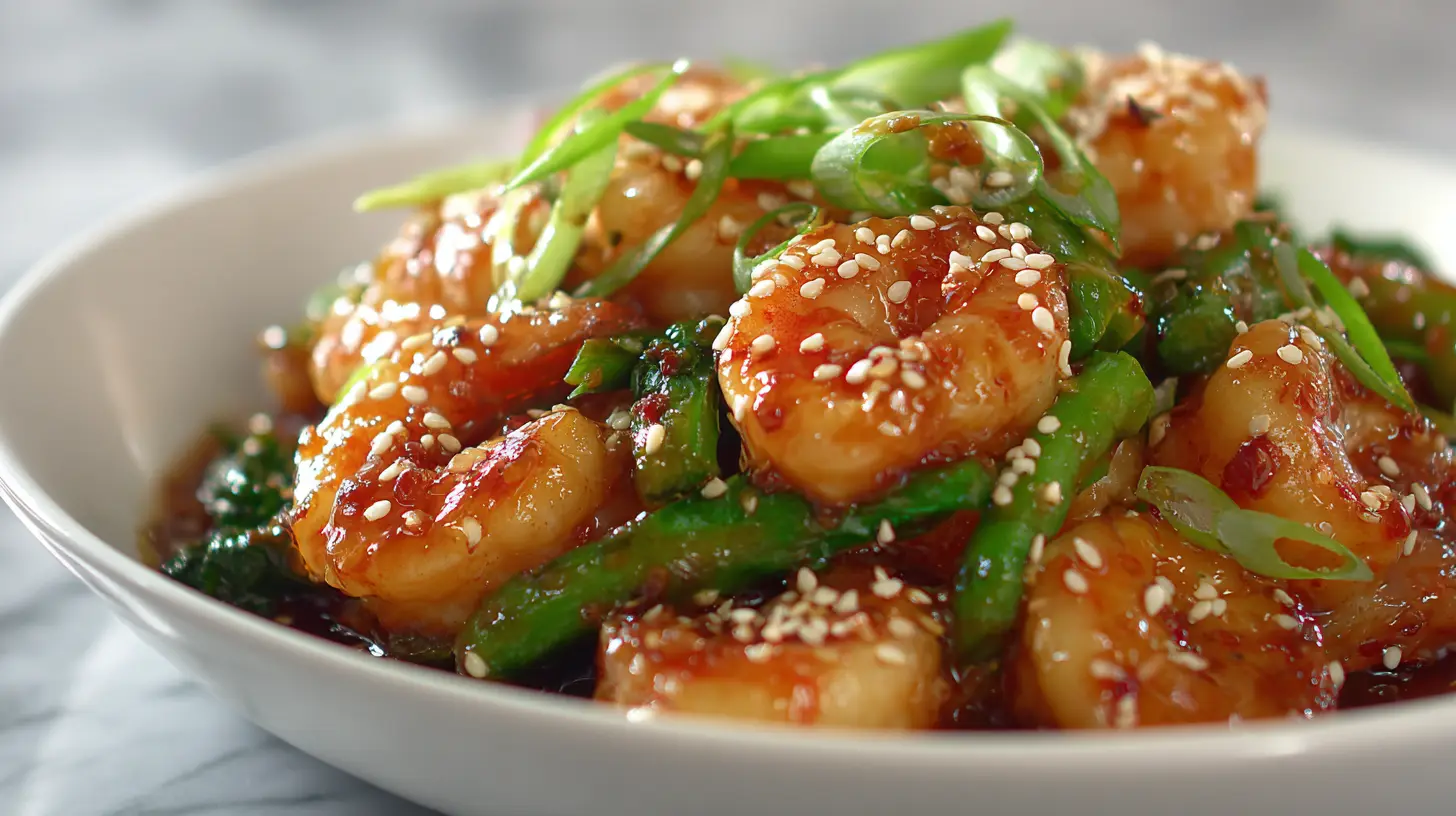 Detailed close-up of shrimp stir fry showing glossy sauce coating shrimp and vegetables with sesame seeds and green onion garnish