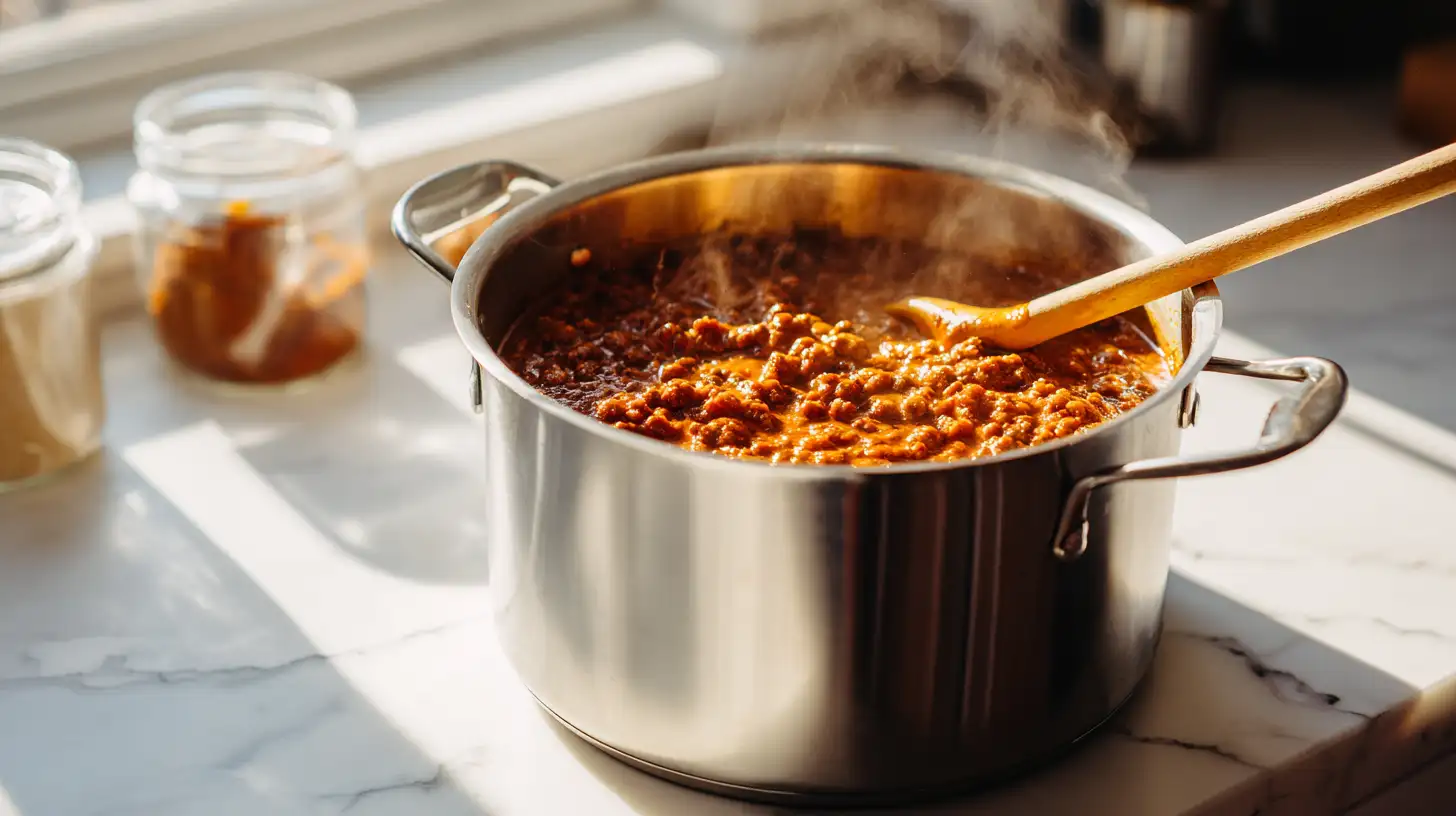 Large pot of homemade chili cooling on counter before portioning into freezer containers