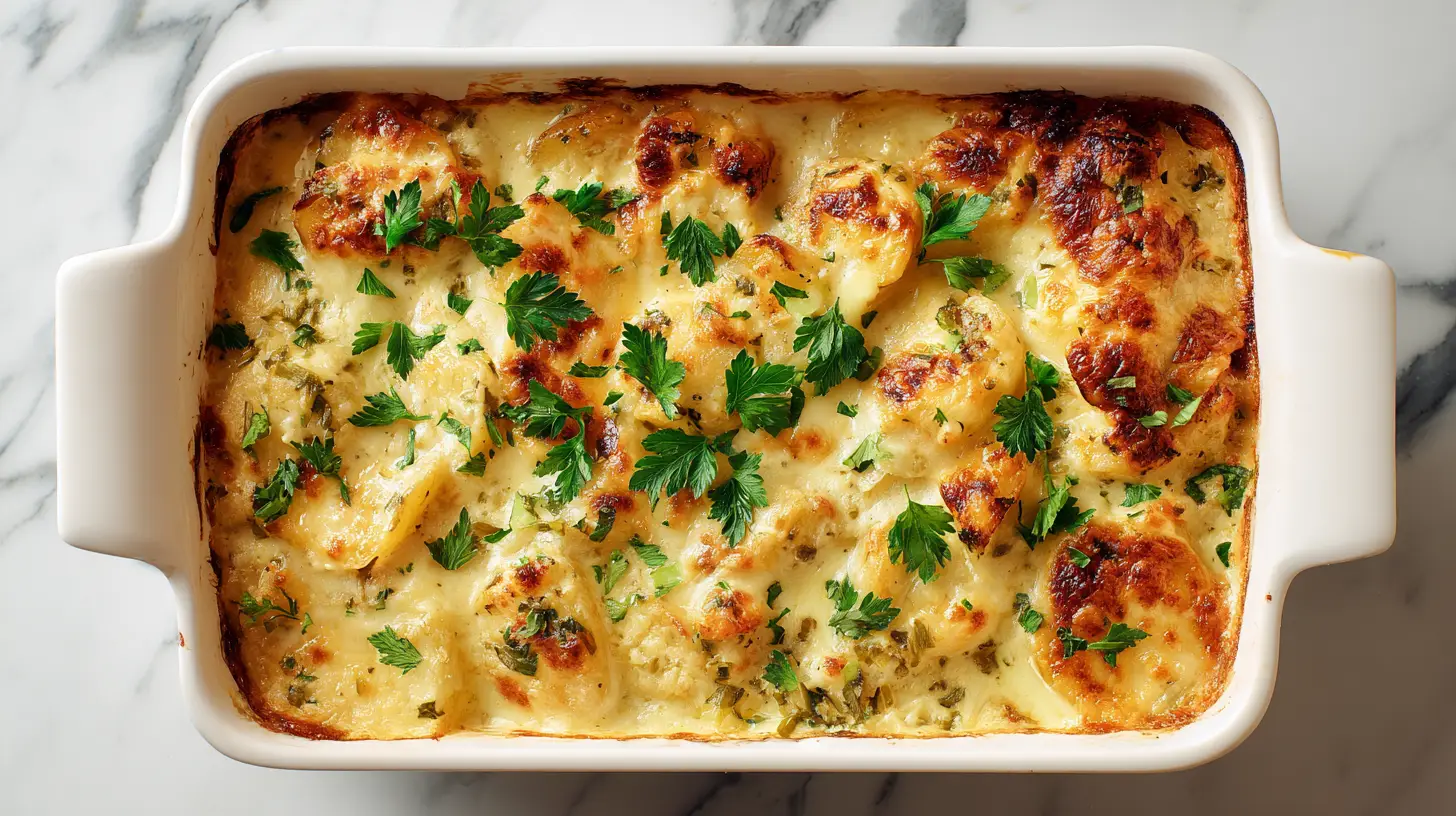 Creamy chicken potato casserole with golden melted cheese in white baking dish
