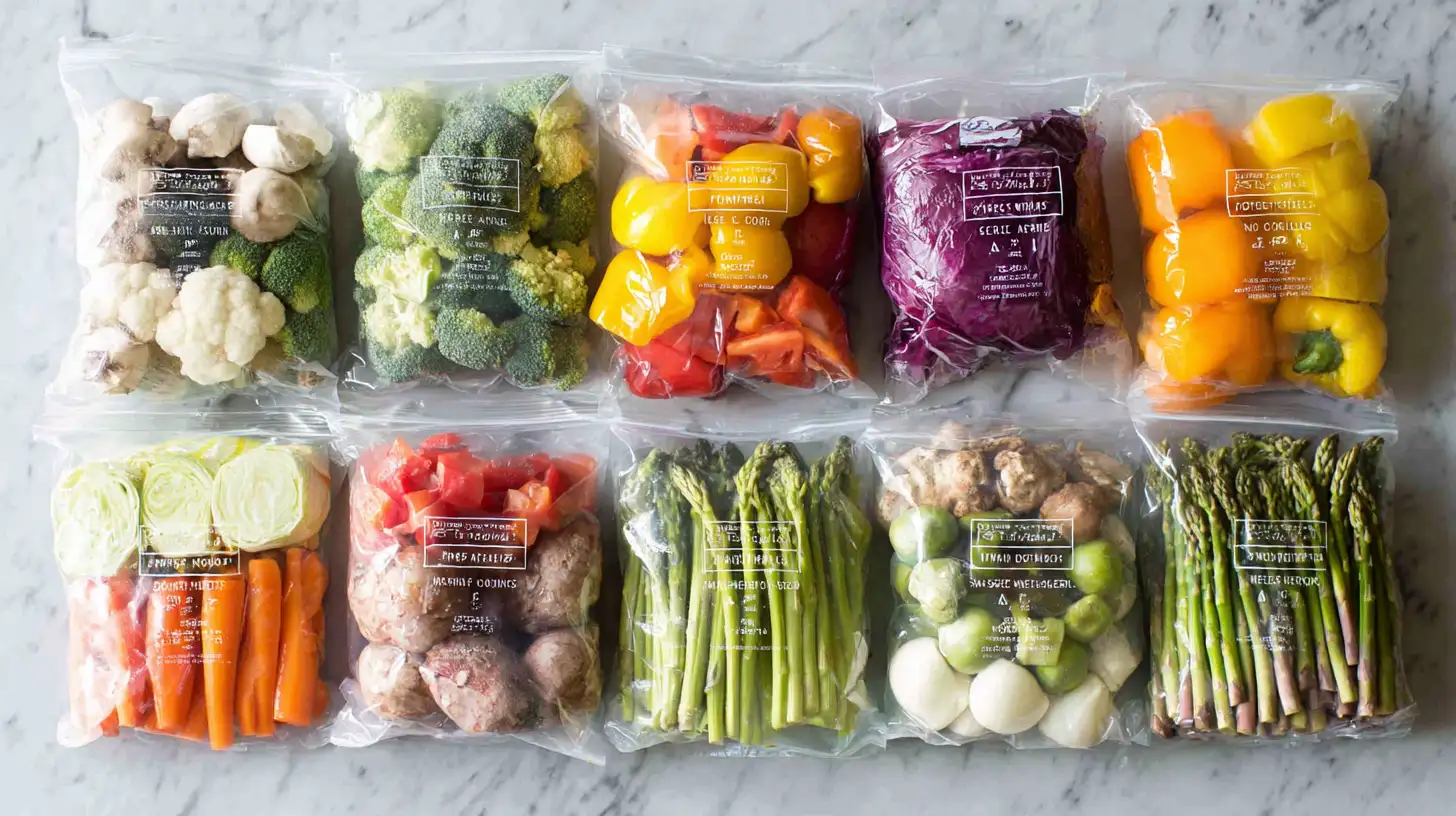 Freezer bags filled with raw ingredients for slow cooker dump meals laid flat on the counter.