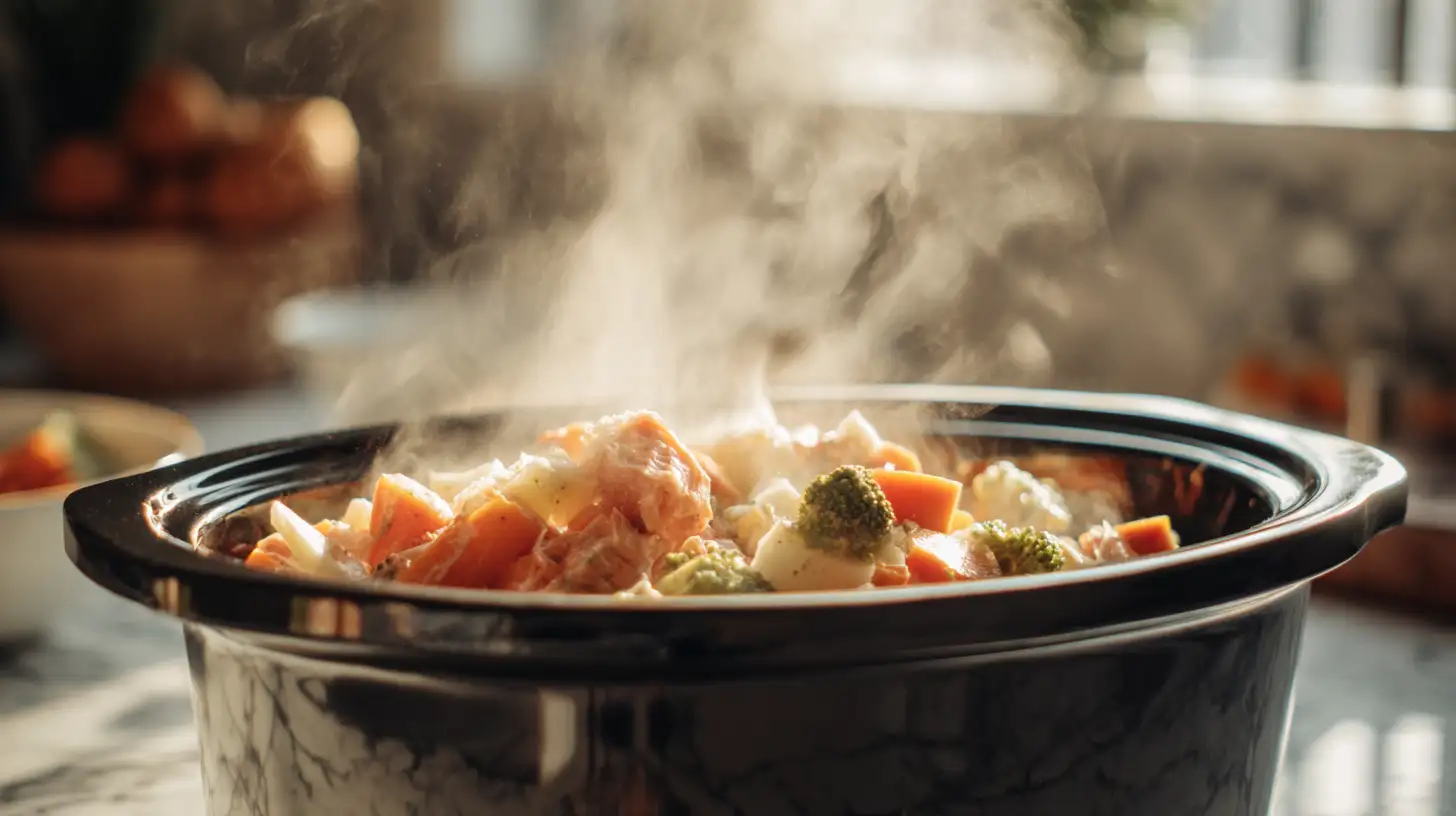 Dumping frozen crockpot freezer meal into slow cooker for easy cooking