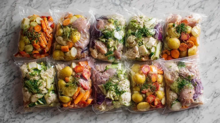 Crockpot freezer meals in labeled freezer bags ready for slow cooker on white marble counter