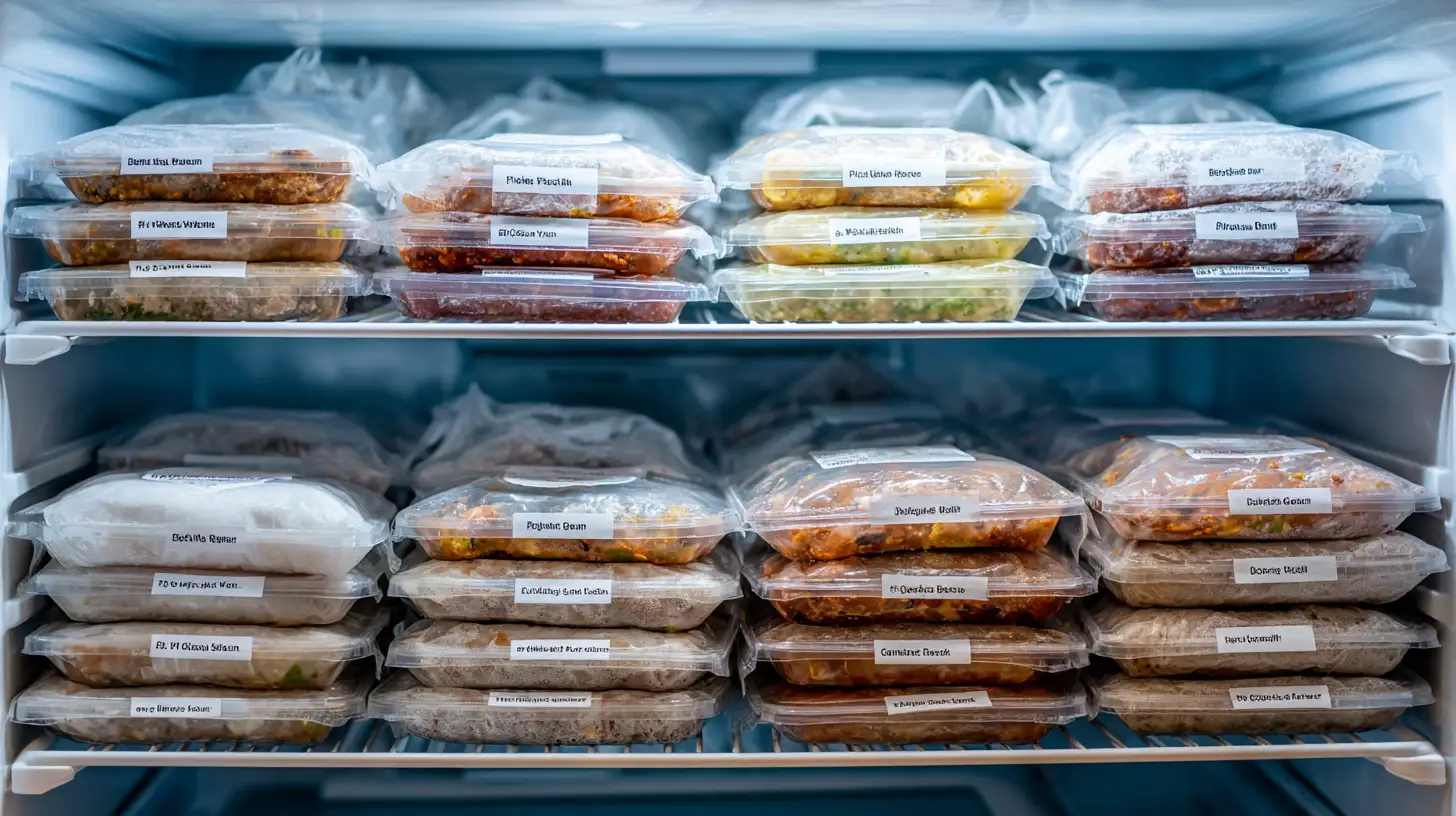 Organized freezer with labeled crockpot freezer meals stacked for easy storage