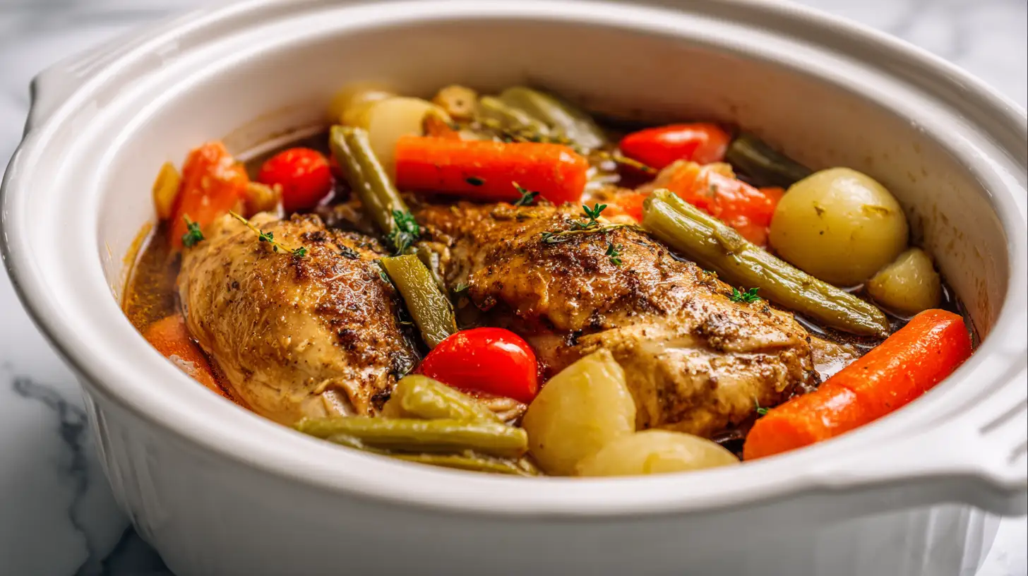 Finished crockpot freezer meal with tender chicken and vegetables ready to serve