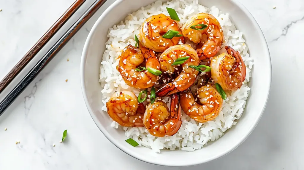 Glossy honey garlic shrimp served over rice with green onions and sesame seeds