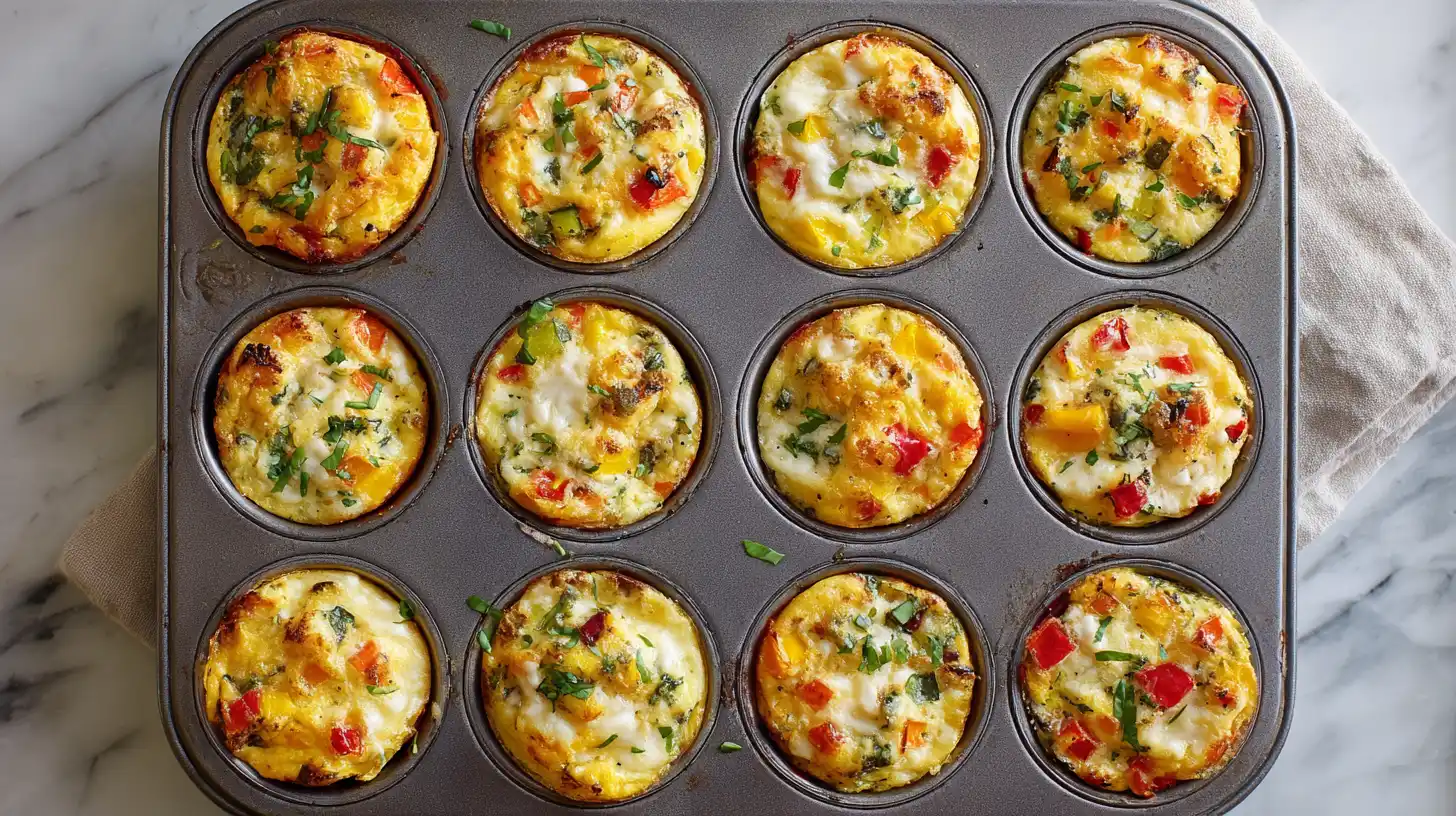 Muffin tin with baked egg muffins filled with vegetables and cheese