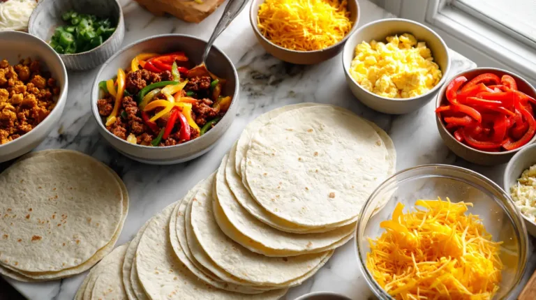 Assembly line of freezer breakfast burritos with scrambled eggs, cheese, and vegetables on white marble counter