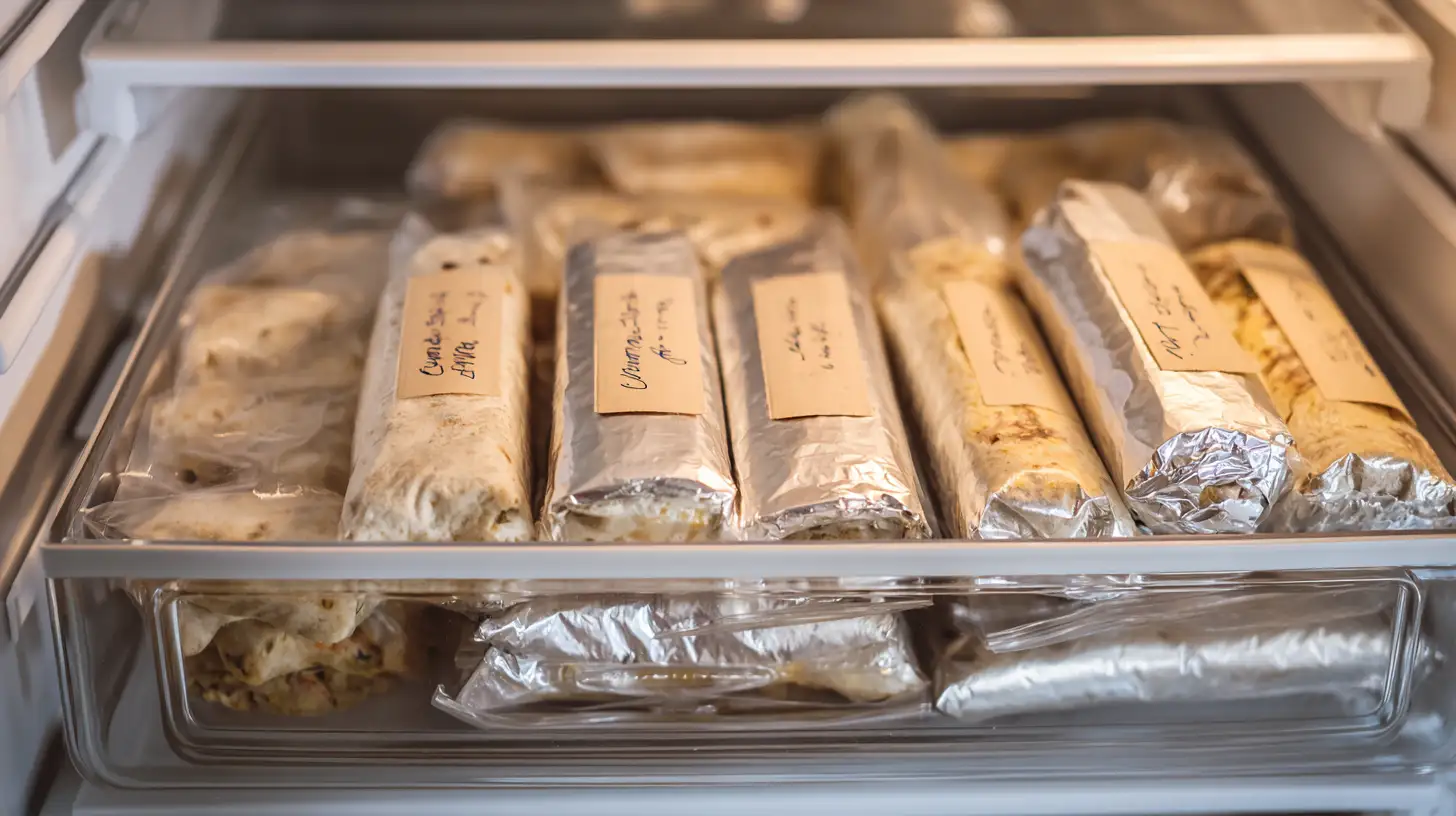 Organized freezer drawer with labeled freezer breakfast burritos in foil wrapping