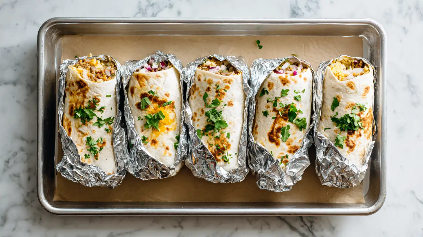 Breakfast burritos wrapped in foil arranged on baking sheet ready to freeze