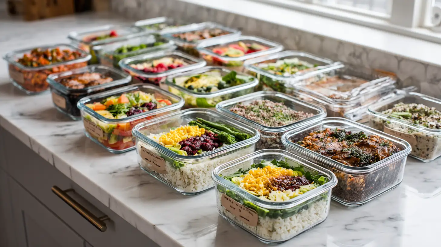Freezer meal prep containers with quick and easy recipes for busy weeknights