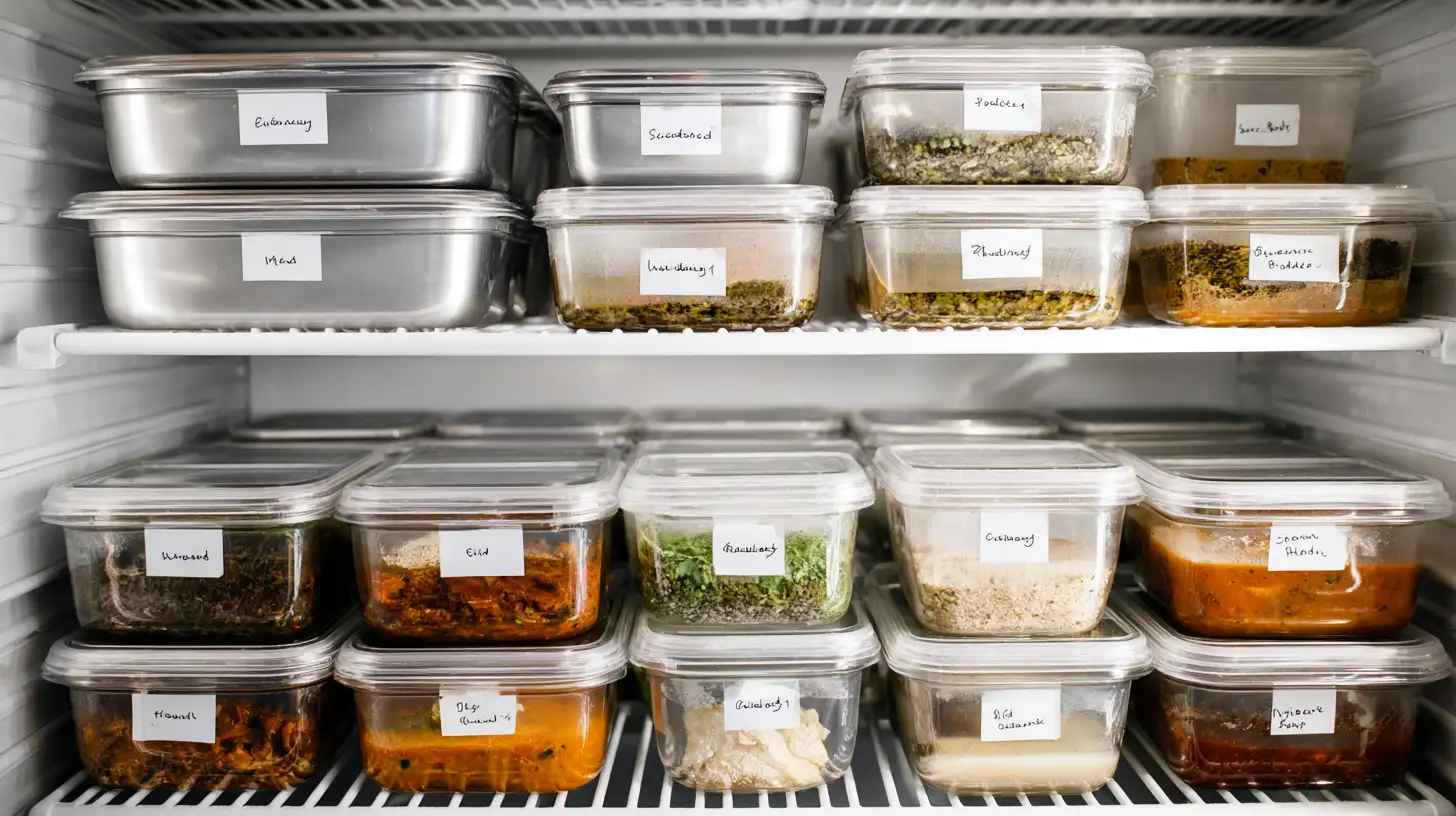 Organized freezer with labeled containers of batch-cooked meals stacked neatly