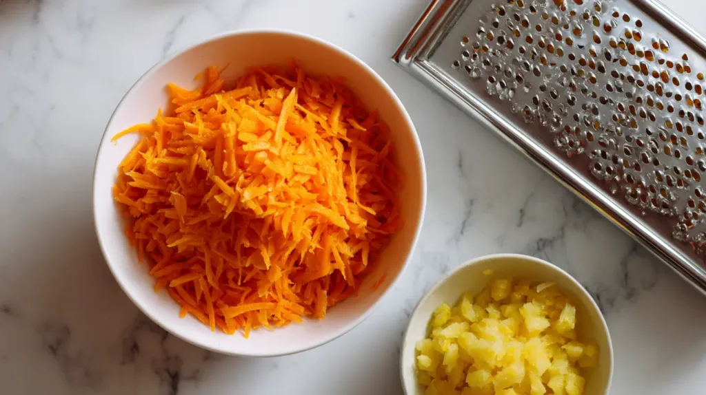 Bowls of freshly grated carrots and drained crushed pineapple ready for Hawaiian carrot cake batter