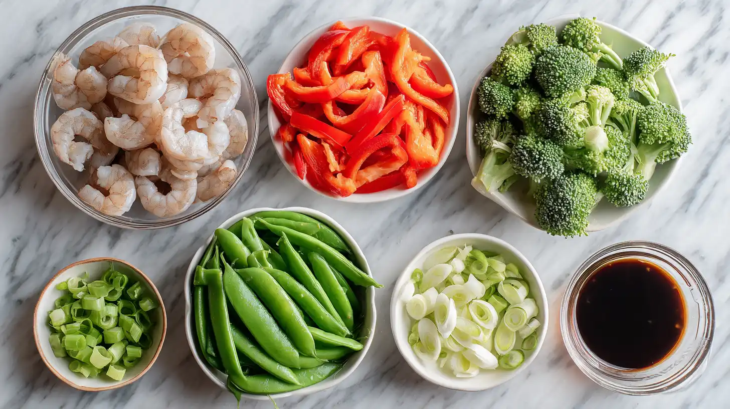 Overhead view of fresh shrimp stir fry ingredients including shrimp, broccoli, bell peppers, snap peas, and sauce in prep bowls on marble