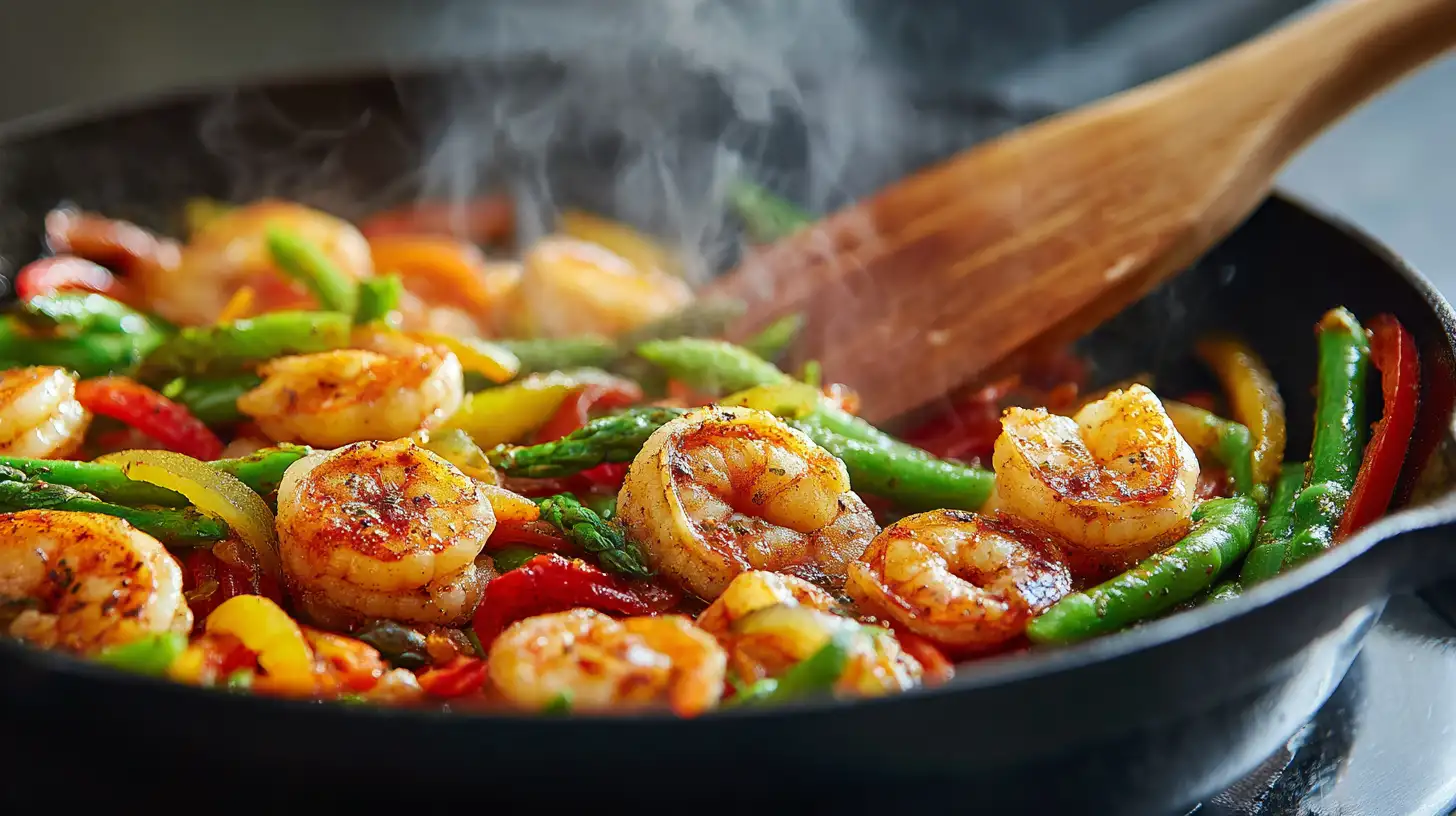 Garlic butter shrimp stir-fry cooking in hot skillet with colorful vegetables