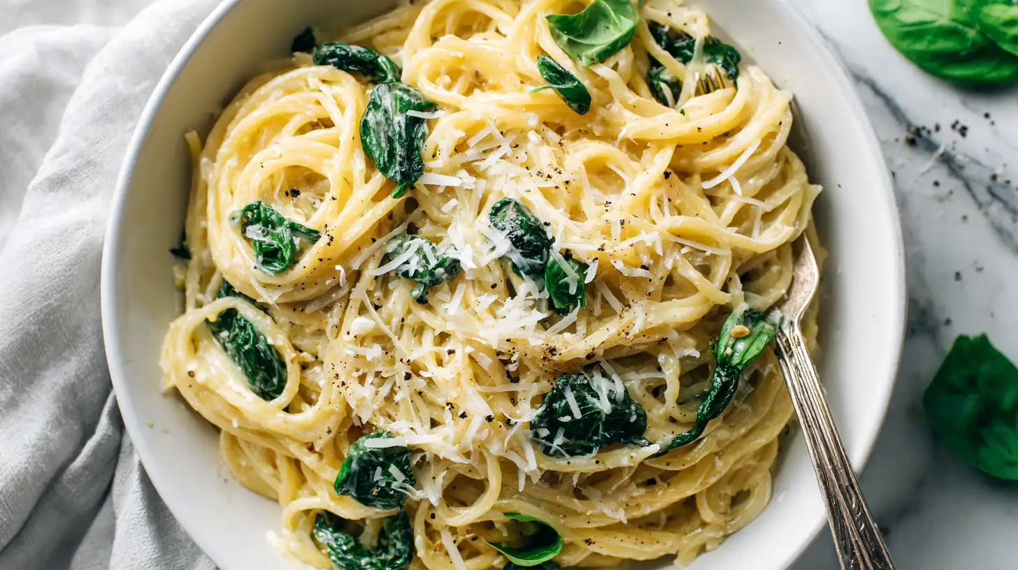 Creamy garlic parmesan pasta with fresh spinach in white bowl