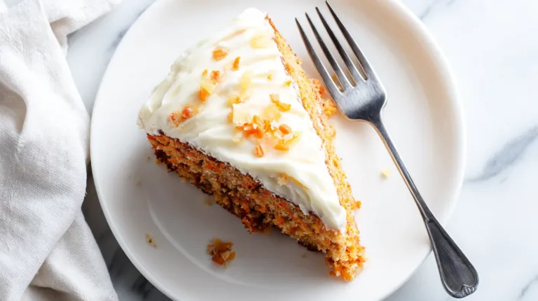 Moist slice of Hawaiian carrot pineapple cake with thick cream cheese frosting and visible carrot pieces
