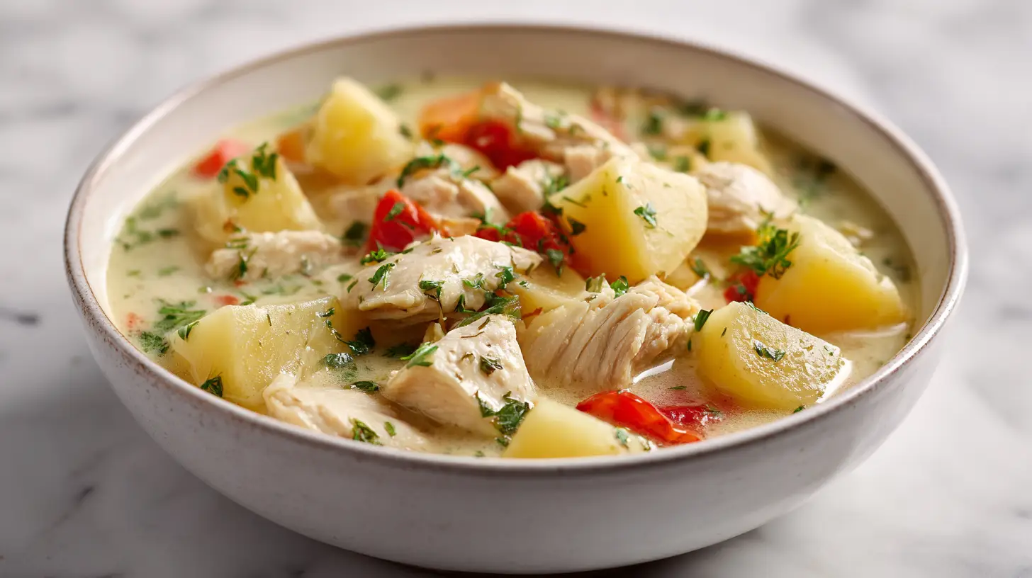 Hearty chicken potato soup with tender chunks in creamy broth
