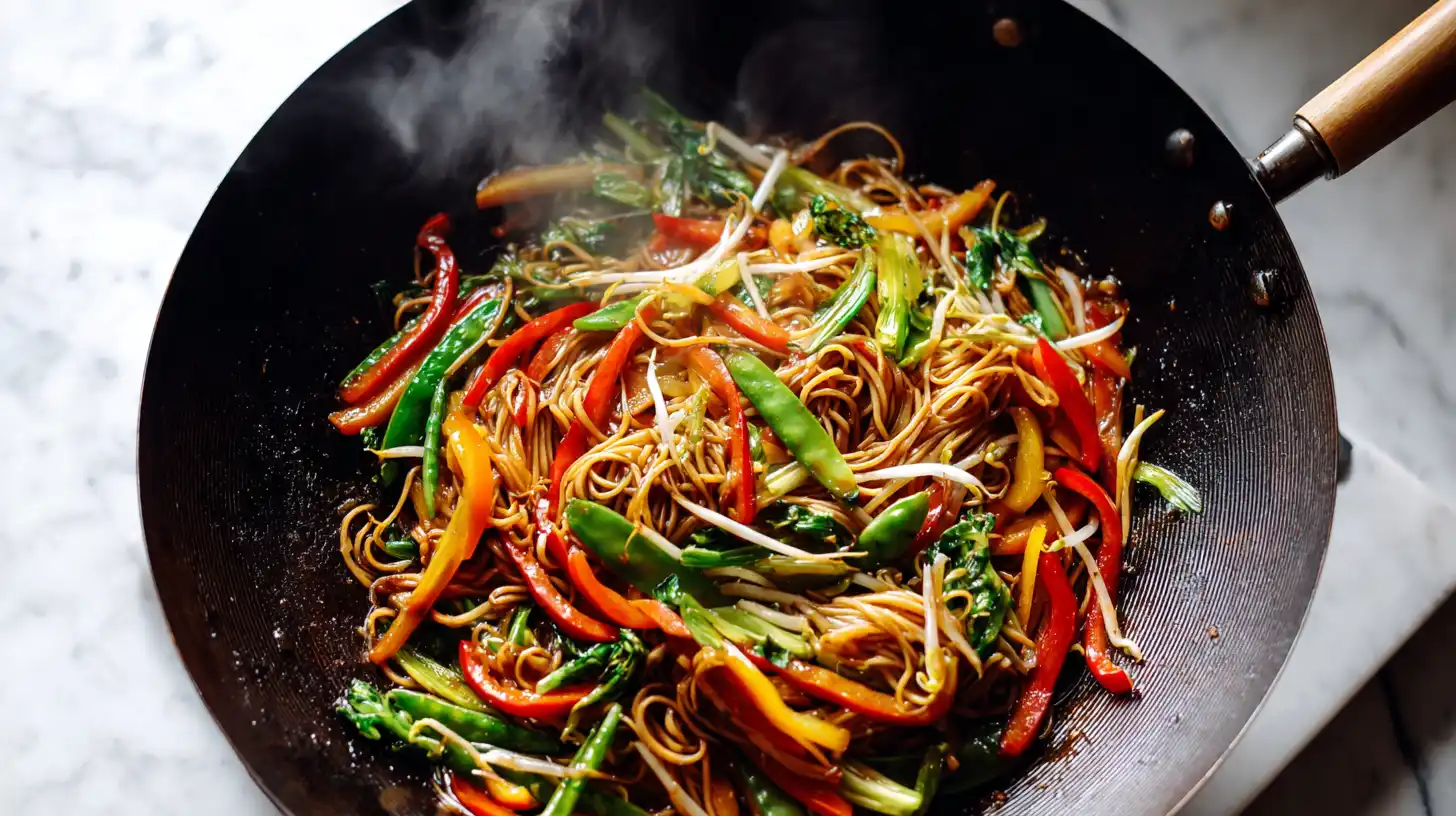 Asian noodles being stir-fried in hot wok with vegetables, steam rising, showing quick cooking technique