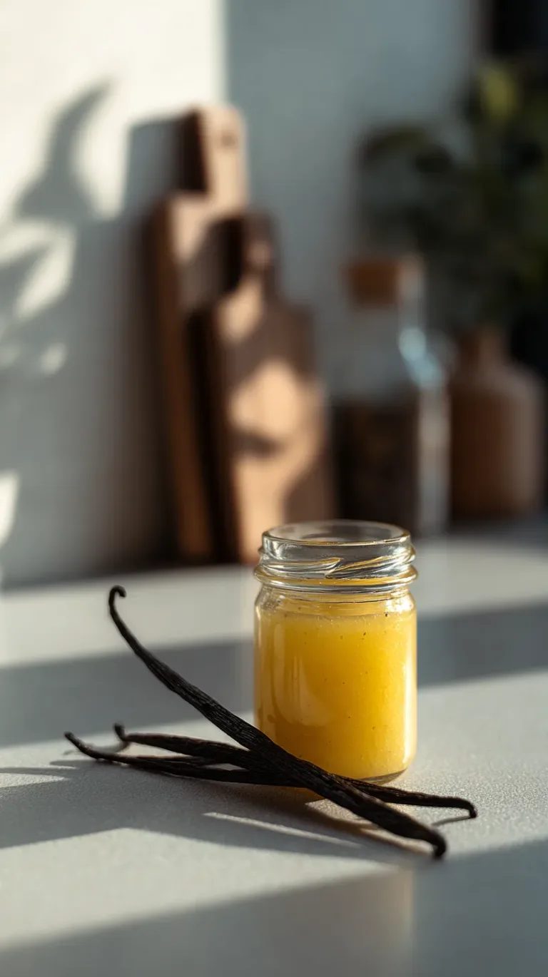 Homemade vanilla bean paste with visible vanilla seeds in a glass jar on a light kitchen counter