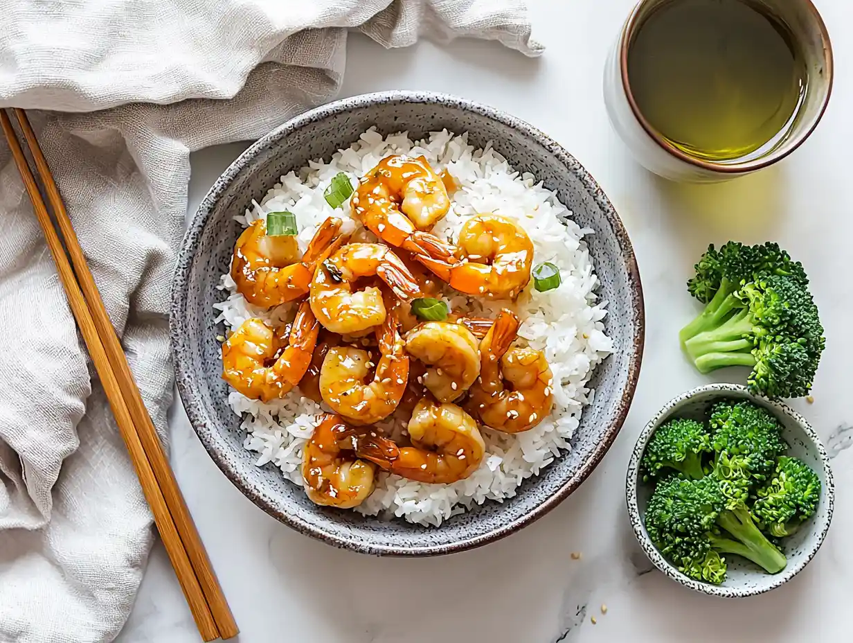 Complete honey garlic shrimp dinner with rice and steamed vegetables