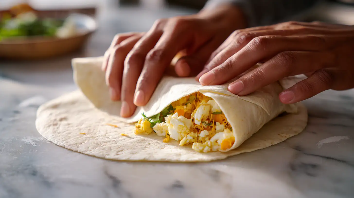 Hands folding a breakfast burrito with eggs and cheese, showing proper rolling technique