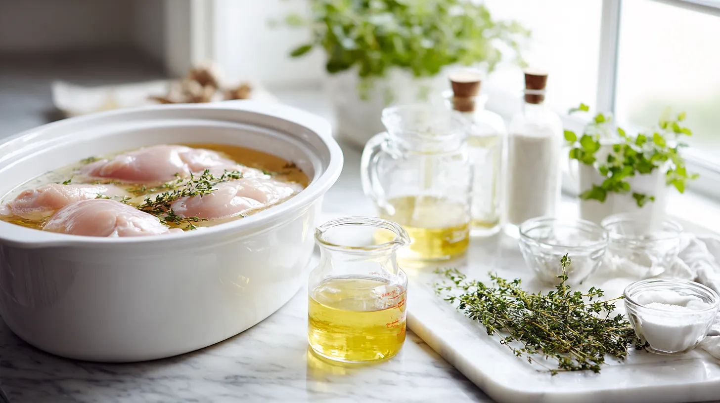 Hands placing chicken breast into white slow cooker with broth to keep it moist during cooking