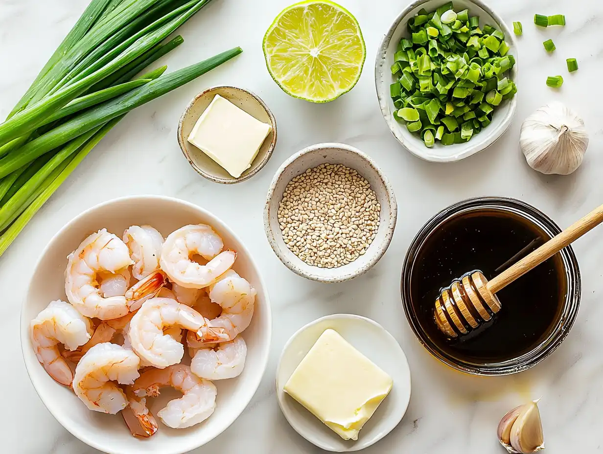Honey garlic shrimp ingredients including shrimp, honey, garlic, soy sauce, and lime