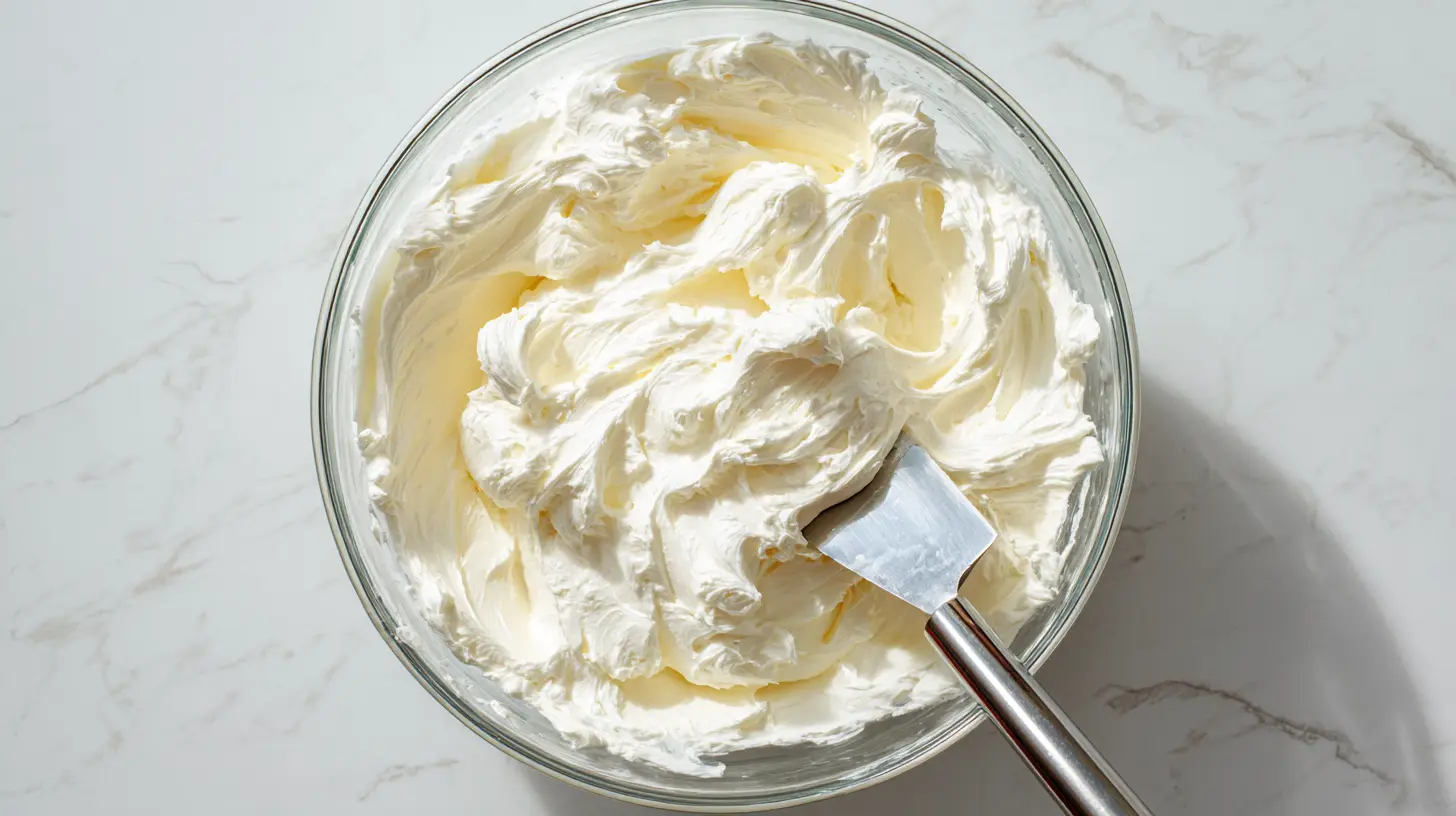 Fluffy cream cheese frosting being mixed in glass bowl, showing silky texture for Hawaiian carrot cake