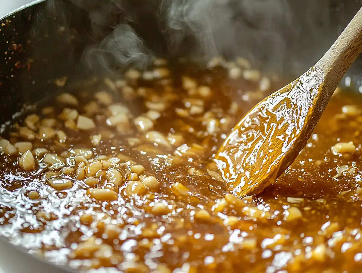 Honey garlic sauce bubbling and caramelizing in skillet