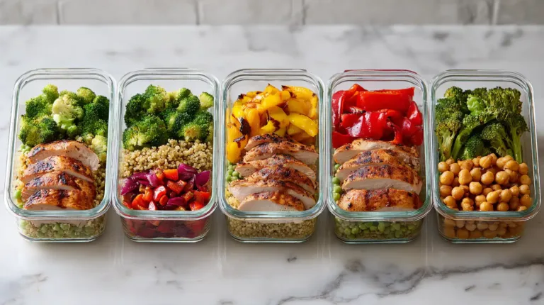 Five glass meal prep bowls with colorful ingredients, including grains, protein, and roasted vegetables, on white marble counter