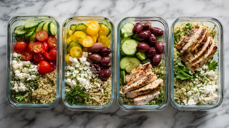 Five glass containers with colorful meal prep lunch bowls featuring chicken, quinoa, and fresh vegetables on marble countertop