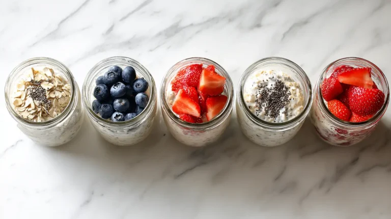 Mason jars filled with overnight oats topped with berries arranged on white counter