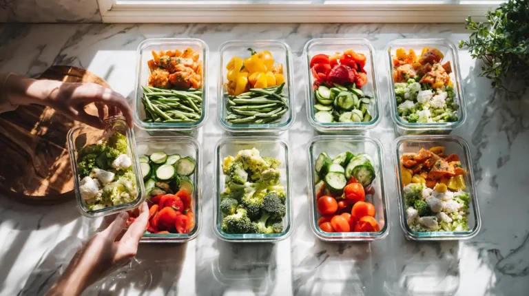 Woman organizing glass meal prep containers with healthy meals on white kitchen counter