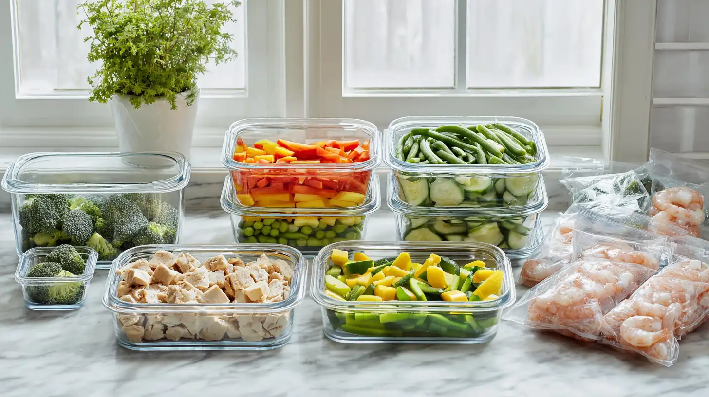 Meal prep containers with pre-cut vegetables and proteins for fast weeknight dinners