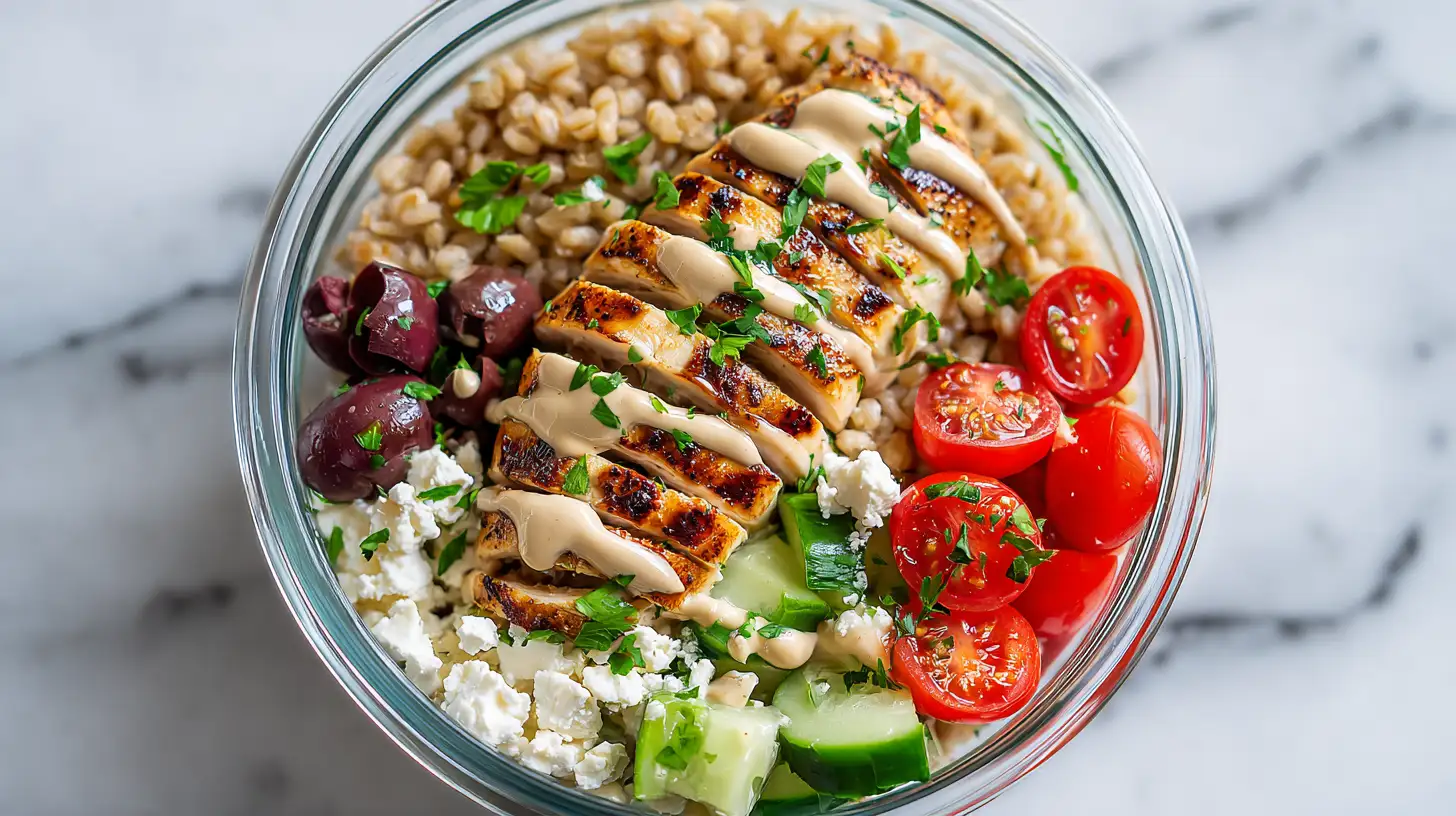 Colorful Mediterranean meal prep bowl with farro, chicken, feta, and fresh vegetables