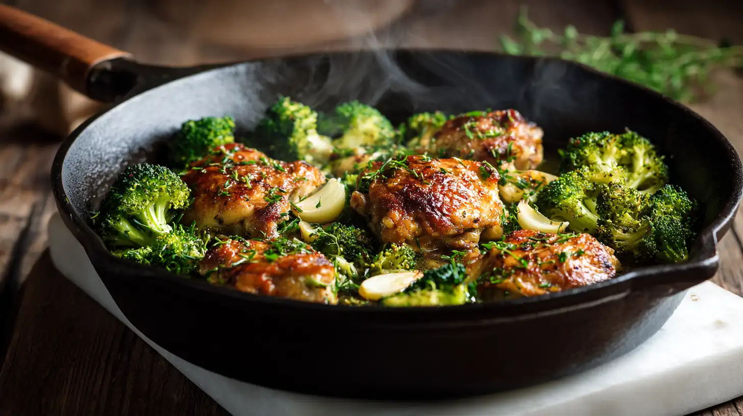 One-pan chicken and broccoli dinner in cast iron skillet ready to serve