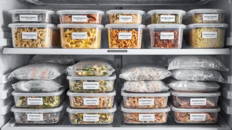Organized freezer shelves with labeled freezer meal containers and bags ready for busy weeknights