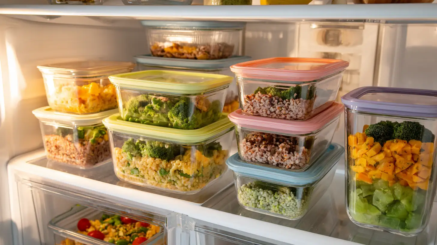 Glass meal prep containers stacked in refrigerator showing organized weekly meals