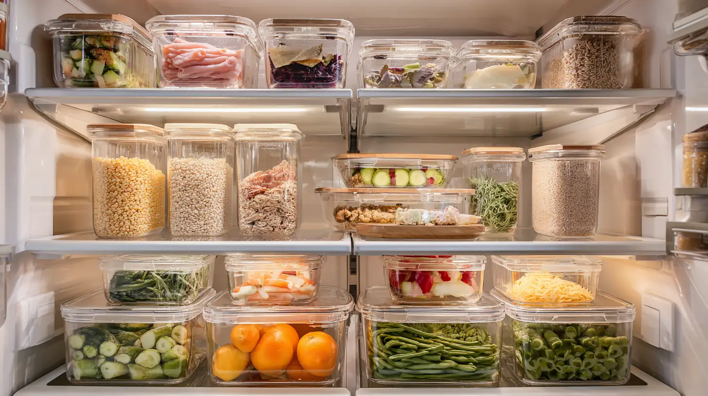 Organized refrigerator with labeled meal prep containers stacked on shelves