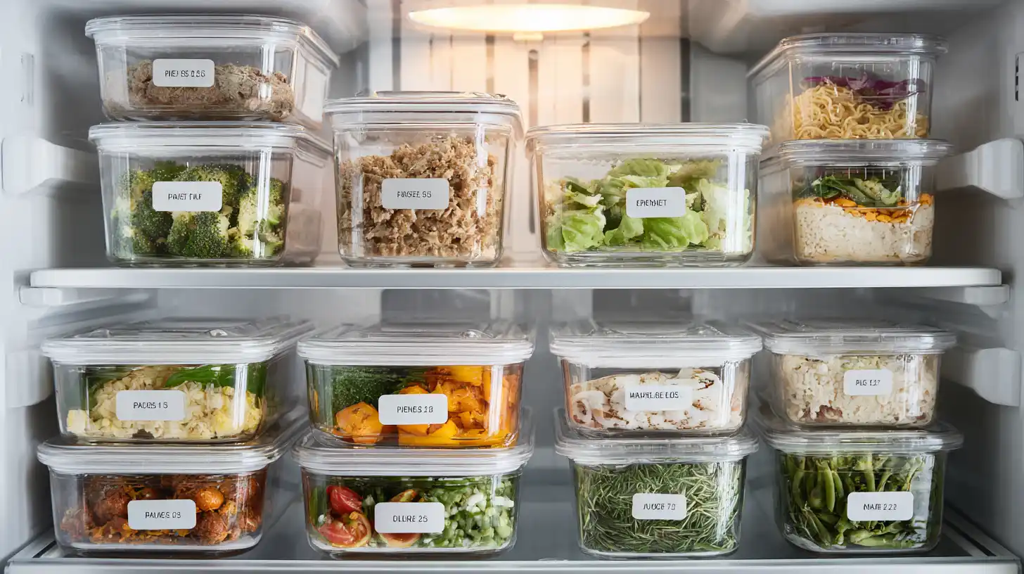Refrigerator shelves with labeled meal prep containers organized and ready for the week