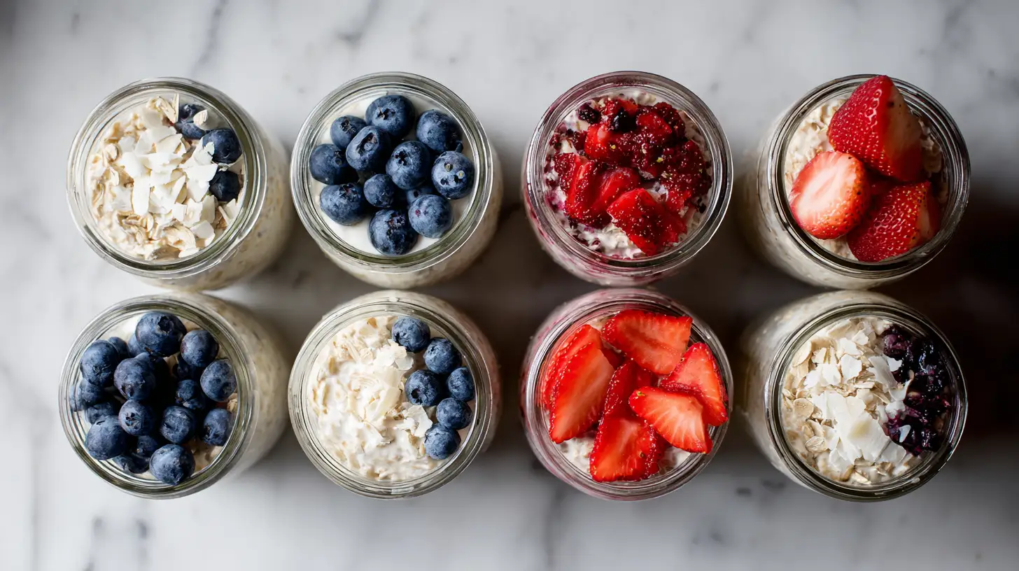 Glass jars filled with overnight oats topped with fresh berries arranged on counter
