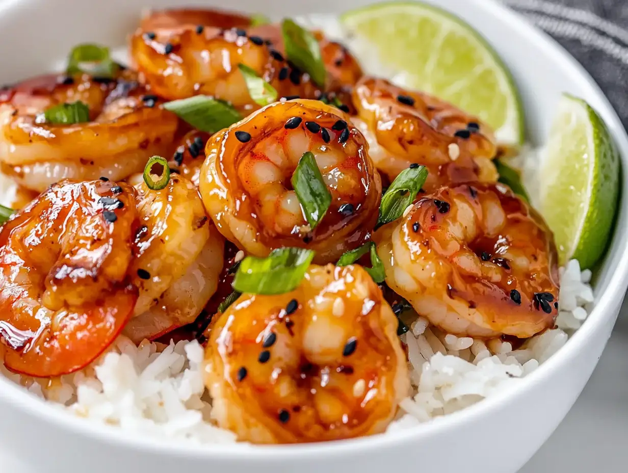 Finished honey garlic shrimp with sticky glaze served over white rice