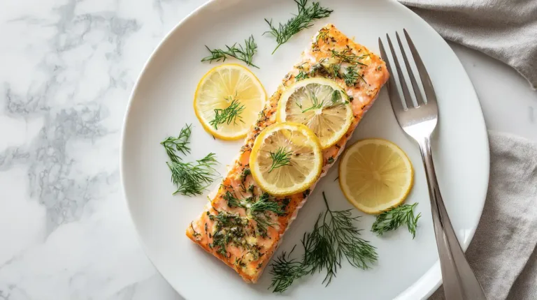 Golden baked salmon fillet with fresh lemon slices and herbs on white plate