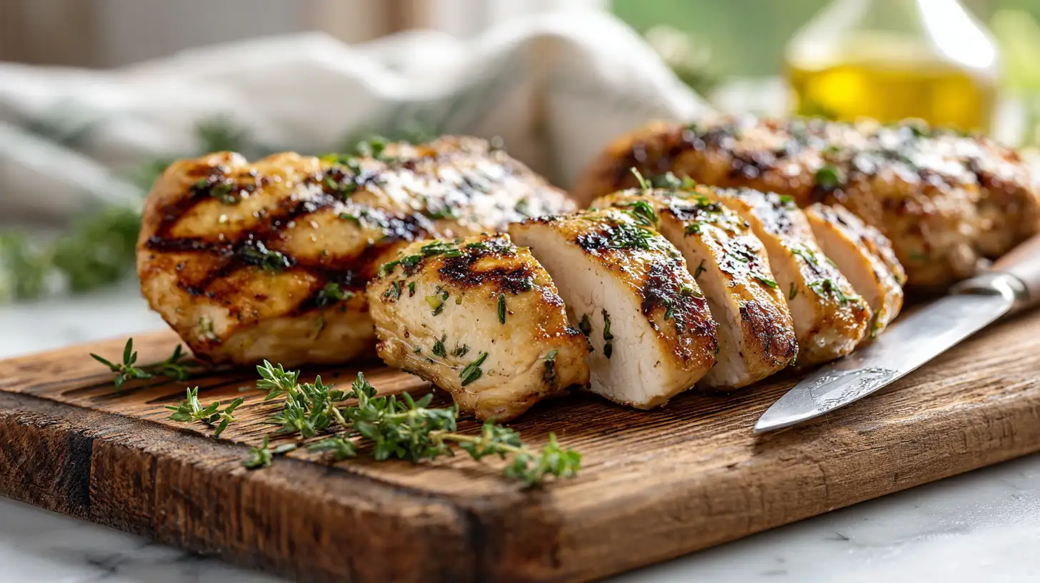 Sliced grilled chicken thighs with herbs ready for meal prep bowls on cutting board