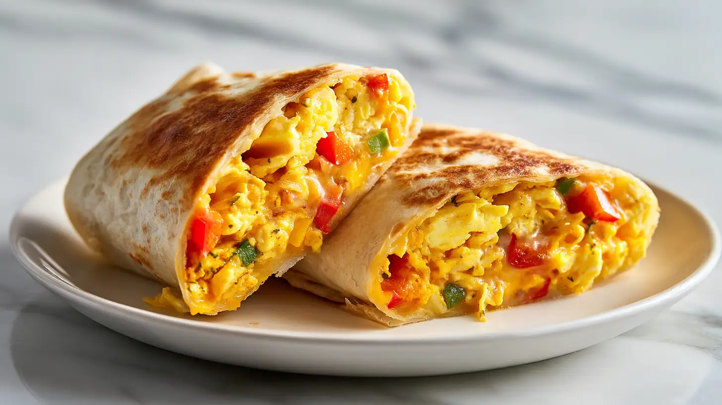 Golden reheated freezer breakfast burrito cut in half showing melted cheese and fluffy eggs
