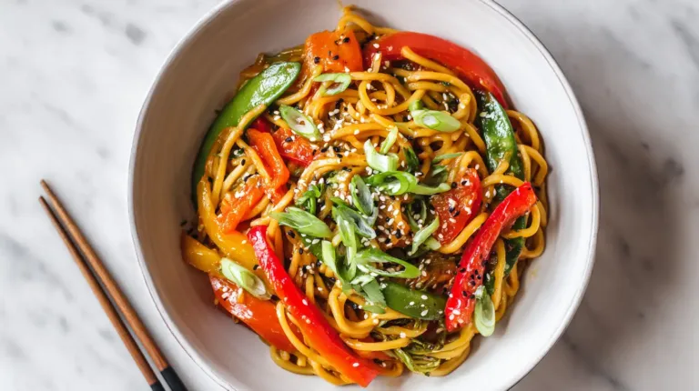 Quick Asian noodle stir-fry with vegetables in white bowl, colorful and fast weeknight dinner