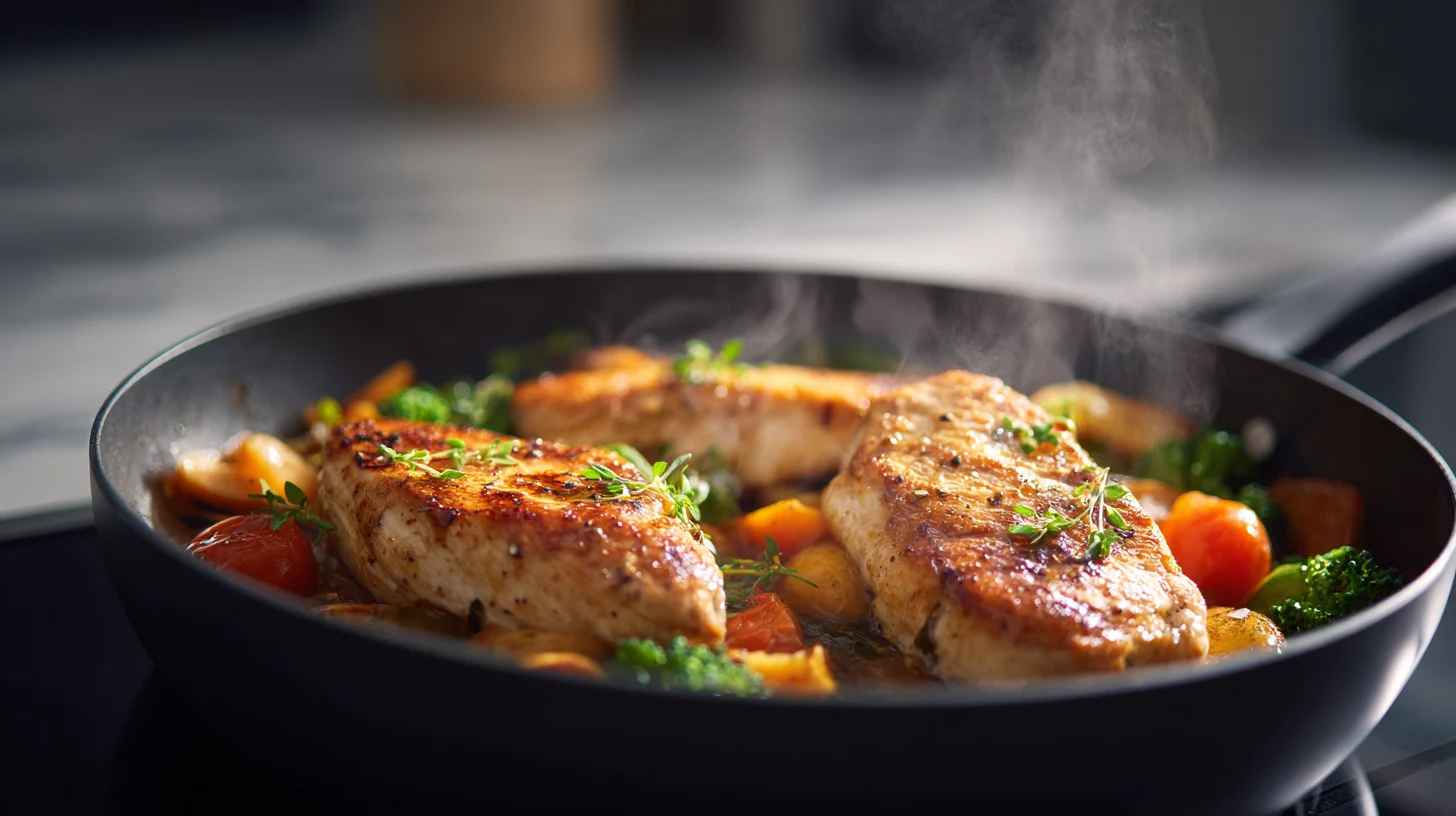 Quick chicken recipe cooking in skillet with vegetables for easy weeknight dinner