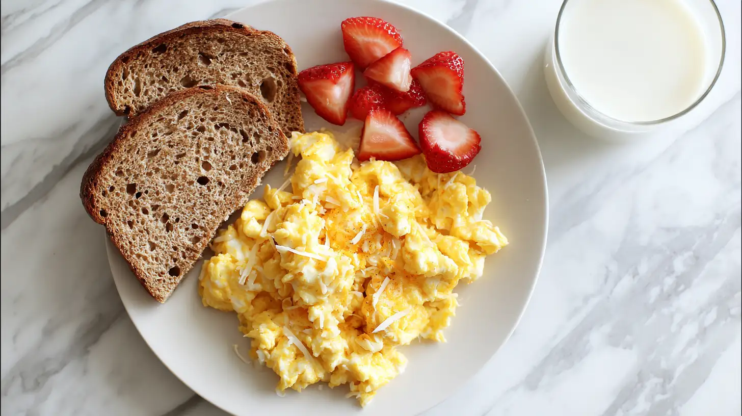 Plate of fluffy scrambled eggs with buttered toast and fresh fruit for easy family breakfast