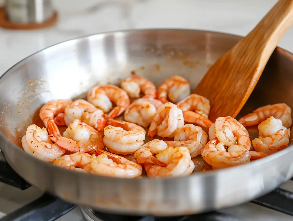 Shrimp searing in hot skillet until golden brown